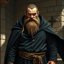 A rugged dwarf adorned in a sleek black robe with a matching cape that billows around him, giving off an air of mystery