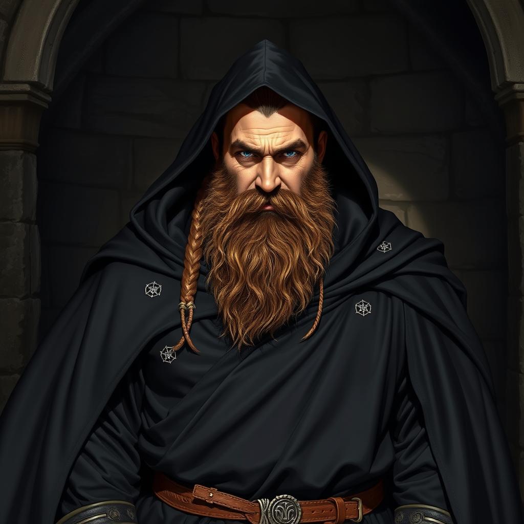 A rugged dwarf adorned in a sleek black robe with a matching cape that billows around him, giving off an air of mystery