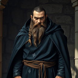 A rugged dwarf adorned in a sleek black robe with a matching cape that billows around him, giving off an air of mystery