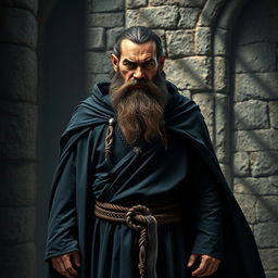 A rugged dwarf adorned in a sleek black robe with a matching cape that billows around him, giving off an air of mystery
