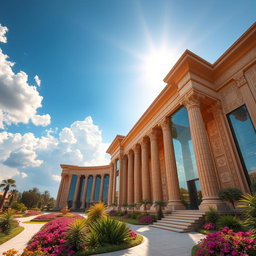 A grand and magnificent palace inspired by Persepolis, soaring skyward with towering pillars reaching into the clouds