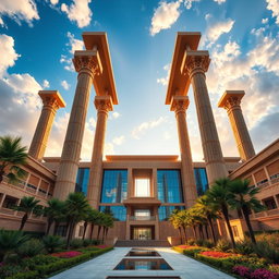 A grand and magnificent palace inspired by Persepolis, soaring skyward with towering pillars reaching into the clouds