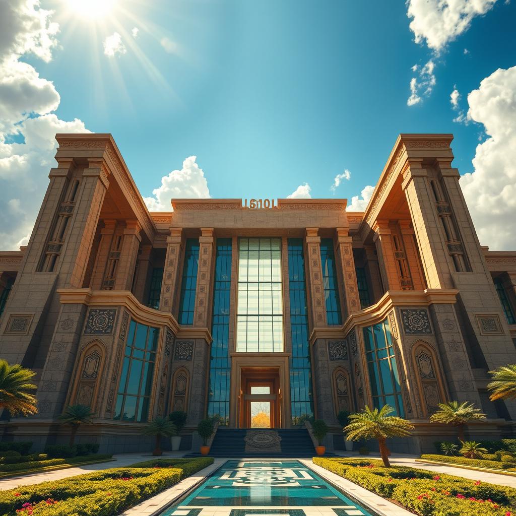 A grand and magnificent palace inspired by Persepolis, soaring skyward with towering pillars reaching into the clouds