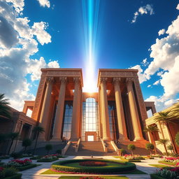 A grand and magnificent palace inspired by Persepolis, soaring skyward with towering pillars reaching into the clouds