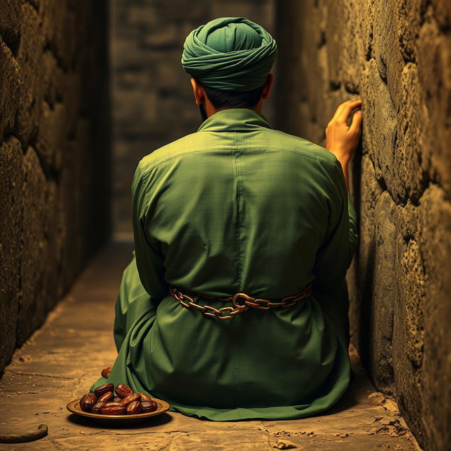 A righteous man imprisoned in an ancient Islamic prison, depicted from behind, with his hands shackled in chains