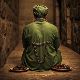 A righteous man imprisoned in an ancient Islamic prison, depicted from behind, with his hands shackled in chains