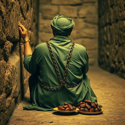 A righteous man imprisoned in an ancient Islamic prison, depicted from behind, with his hands shackled in chains