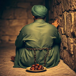 A righteous man imprisoned in an ancient Islamic prison, depicted from behind, with his hands shackled in chains