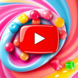 A vibrant and colorful YouTube logo designed with a candy theme