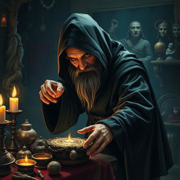 A stealthy dwarf dressed in a dark, flowing black robe, skillfully reaching for a shiny artifact on a cluttered table