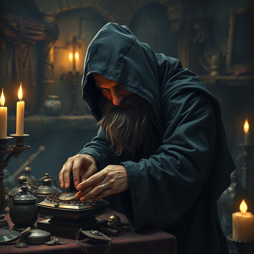 A stealthy dwarf dressed in a dark, flowing black robe, skillfully reaching for a shiny artifact on a cluttered table