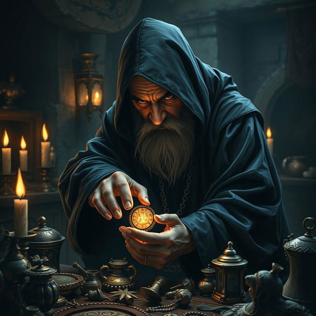 A stealthy dwarf dressed in a dark, flowing black robe, skillfully reaching for a shiny artifact on a cluttered table