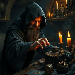 A stealthy dwarf dressed in a dark, flowing black robe, skillfully reaching for a shiny artifact on a cluttered table