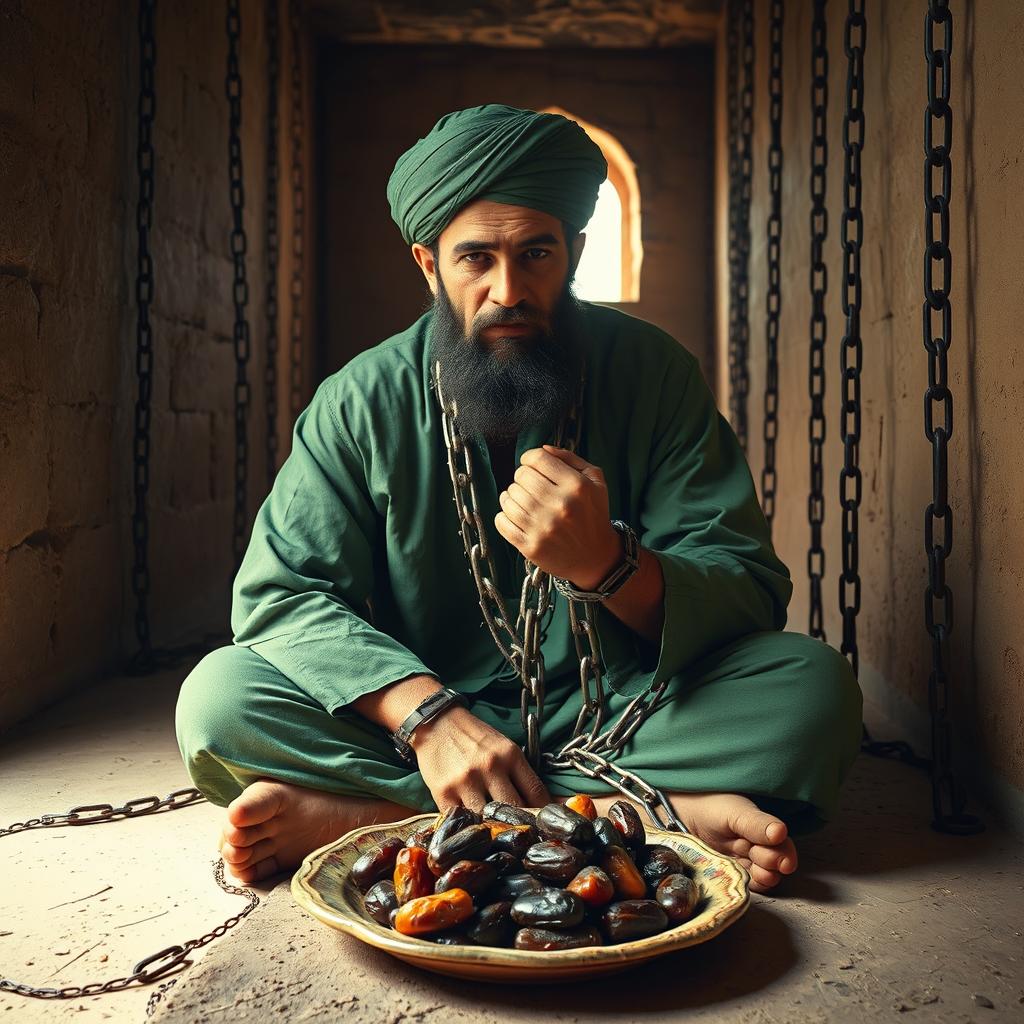 A righteous man imprisoned in an ancient Islamic prison, his hands shackled with chains