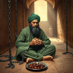 A righteous man imprisoned in an ancient Islamic prison, his hands shackled with chains