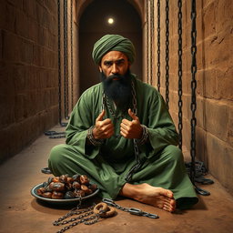A righteous man imprisoned in an ancient Islamic prison, his hands shackled with chains