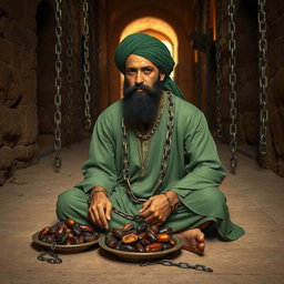 A righteous man imprisoned in an ancient Islamic prison, his hands shackled with chains