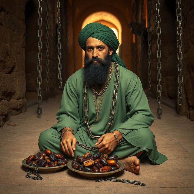 A righteous man imprisoned in an ancient Islamic prison, his hands shackled with chains