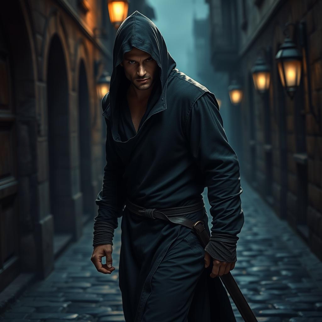 A sleek thief dressed in a form-fitting robe without a hood, showcasing his agile physique as he stealthily navigates through a dimly lit alley