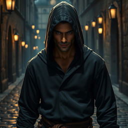 A sleek thief dressed in a form-fitting robe without a hood, showcasing his agile physique as he stealthily navigates through a dimly lit alley