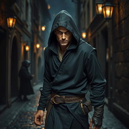 A sleek thief dressed in a form-fitting robe without a hood, showcasing his agile physique as he stealthily navigates through a dimly lit alley