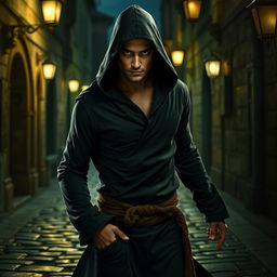 A sleek thief dressed in a form-fitting robe without a hood, showcasing his agile physique as he stealthily navigates through a dimly lit alley