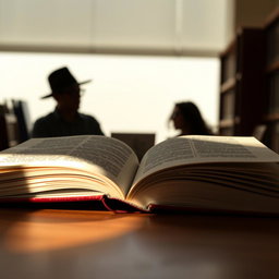 An open book lying on a wooden table, with soft light illuminating its pages