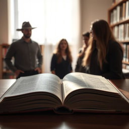 An open book lying on a wooden table, with soft light illuminating its pages
