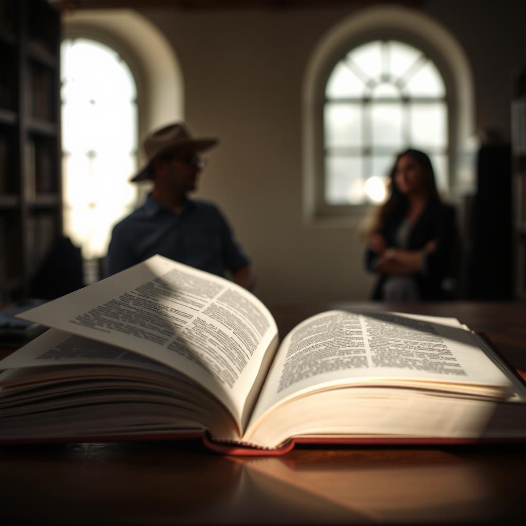 An open book lying on a wooden table, with soft light illuminating its pages