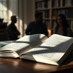 An open book lying on a wooden table, with soft light illuminating its pages