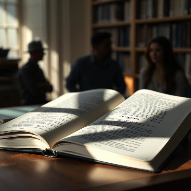 An open book lying on a wooden table, with soft light illuminating its pages