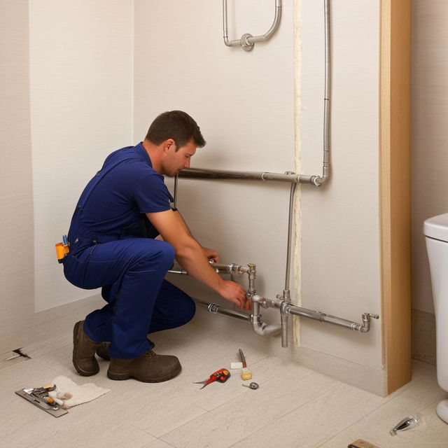 Plumber fixing a broken pipe in a bathroom