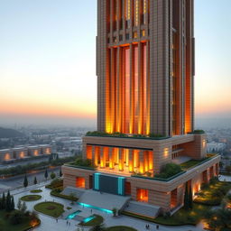 A futuristic skyscraper inspired by the Achaemenid architecture of the Apadana Palace, standing 100 meters tall