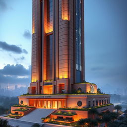 A futuristic skyscraper inspired by the Achaemenid architecture of the Apadana Palace, standing 100 meters tall