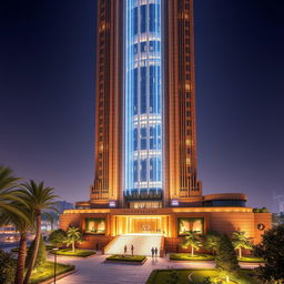 A futuristic skyscraper inspired by the Achaemenid architecture of the Apadana Palace, standing 100 meters tall