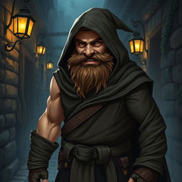 A cunning dwarf thief, depicted in a sleek and dark robe without a hood, designed for stealthy movements