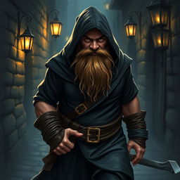 A cunning dwarf thief, depicted in a sleek and dark robe without a hood, designed for stealthy movements
