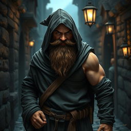 A cunning dwarf thief, depicted in a sleek and dark robe without a hood, designed for stealthy movements