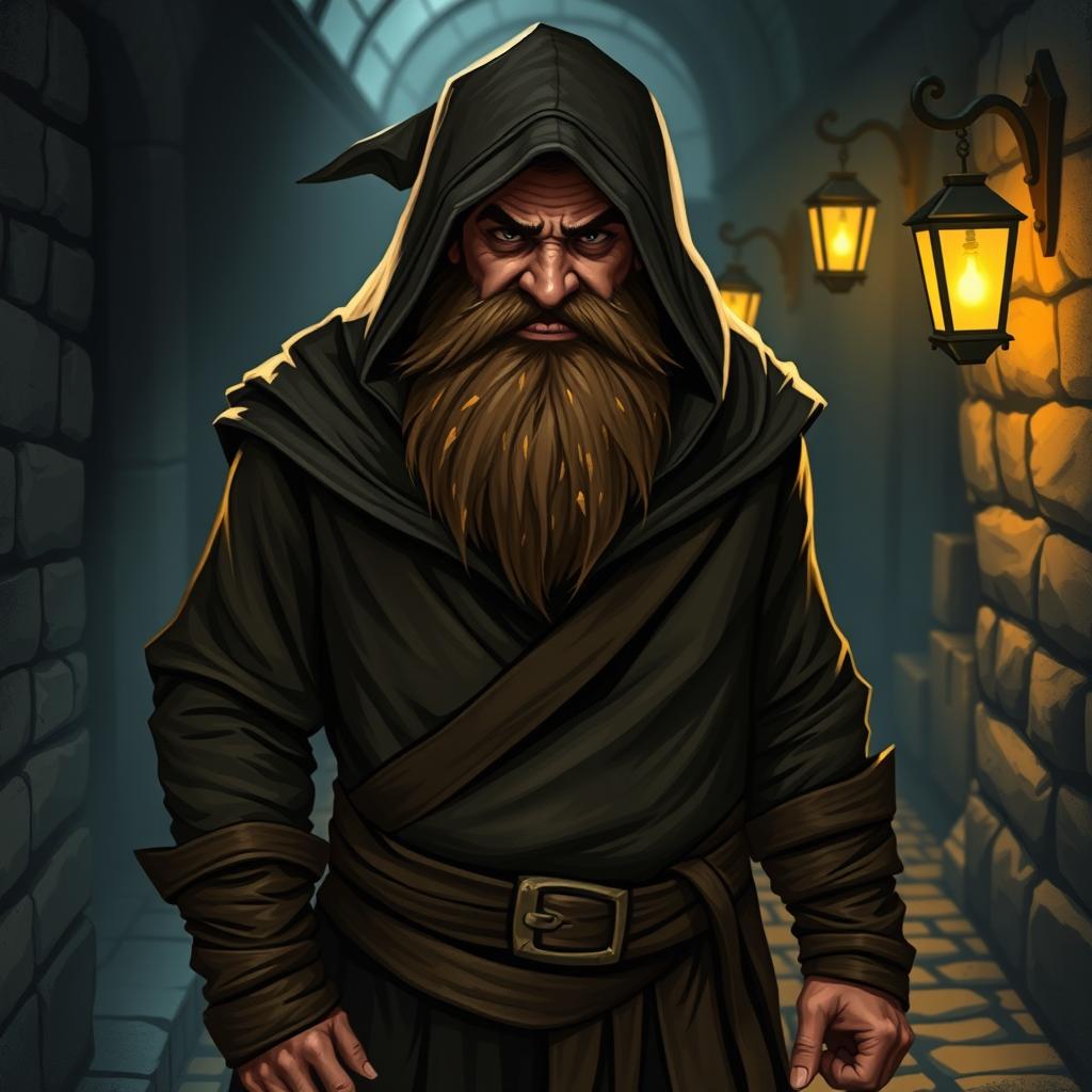 A cunning dwarf thief, depicted in a sleek and dark robe without a hood, designed for stealthy movements