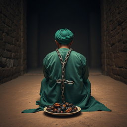 A righteous man imprisoned in an ancient Islamic prison, his hands shackled with chains