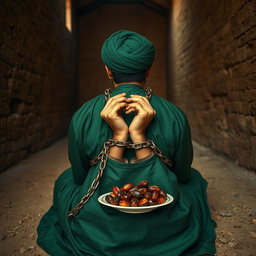 A righteous man imprisoned in an ancient Islamic prison, his hands shackled with chains