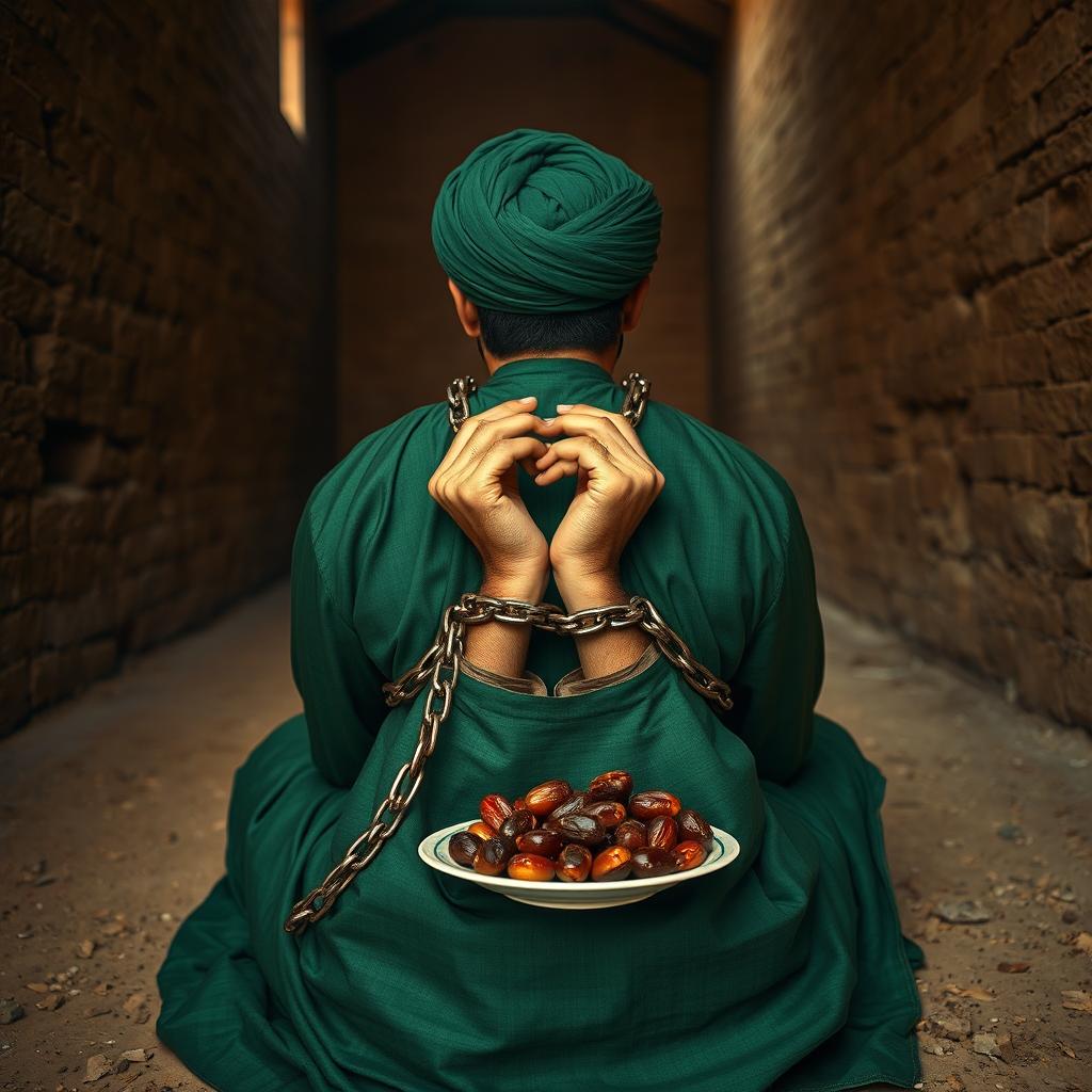 A righteous man imprisoned in an ancient Islamic prison, his hands shackled with chains