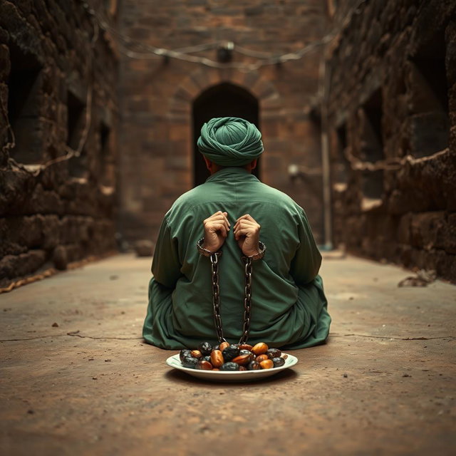 A righteous man imprisoned in an ancient Islamic prison, his hands shackled with chains