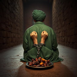 A righteous man imprisoned in an ancient Islamic prison, his hands shackled with chains