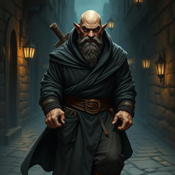A bald dwarf thief clad in a flowing dark robe, showcasing his muscular build as he stealthily navigates through a shadowy alley