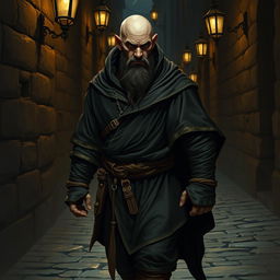 A bald dwarf thief clad in a flowing dark robe, showcasing his muscular build as he stealthily navigates through a shadowy alley