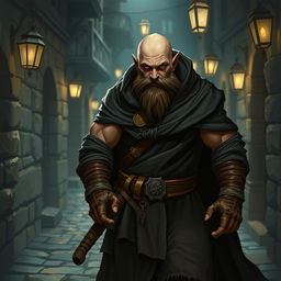 A bald dwarf thief clad in a flowing dark robe, showcasing his muscular build as he stealthily navigates through a shadowy alley