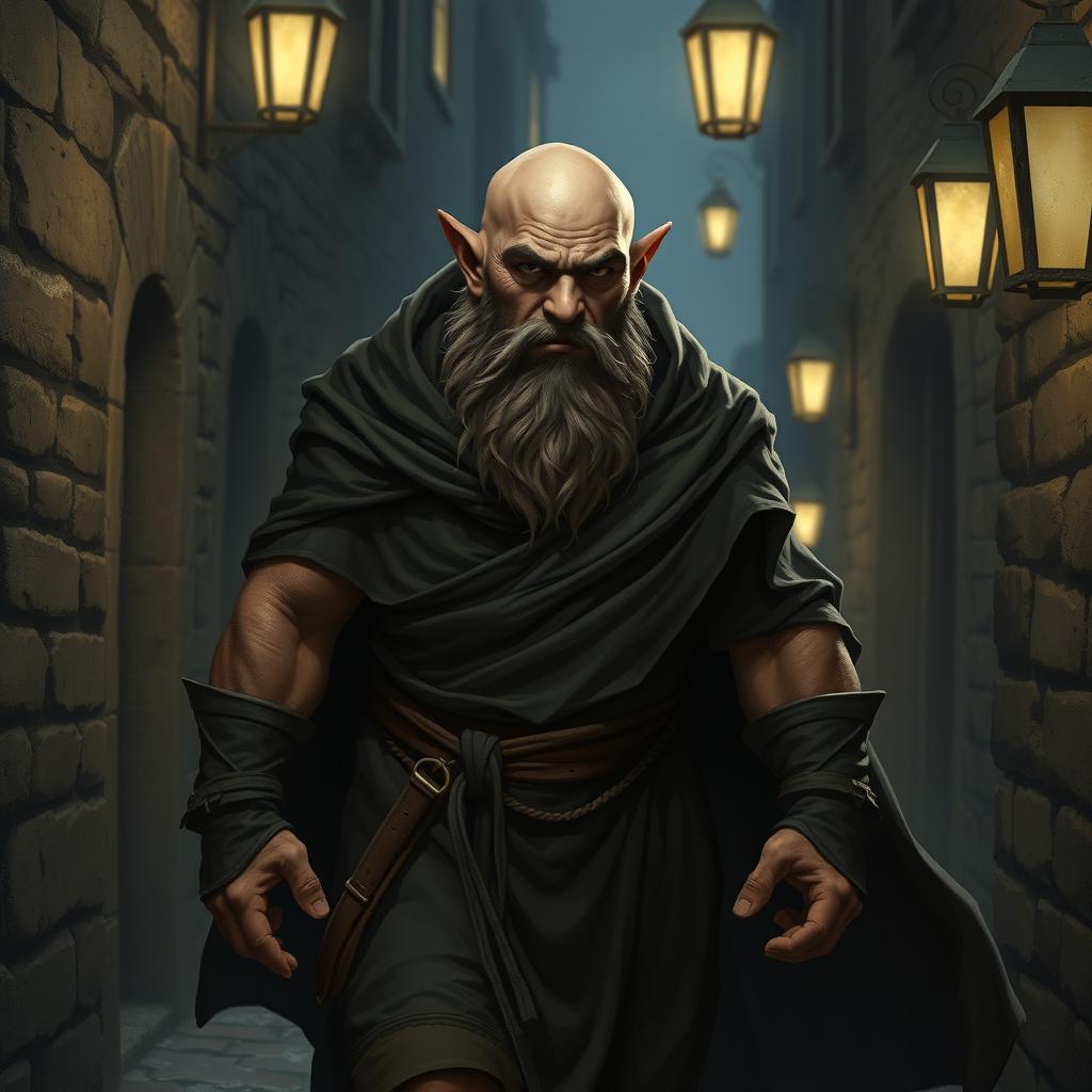 A bald dwarf thief clad in a flowing dark robe, showcasing his muscular build as he stealthily navigates through a shadowy alley