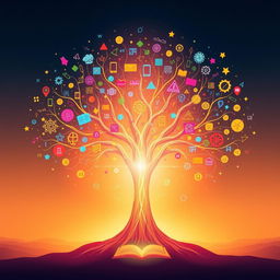 A visually captivating representation of knowledge, depicted as a luminous tree of wisdom with branches that extend across the image