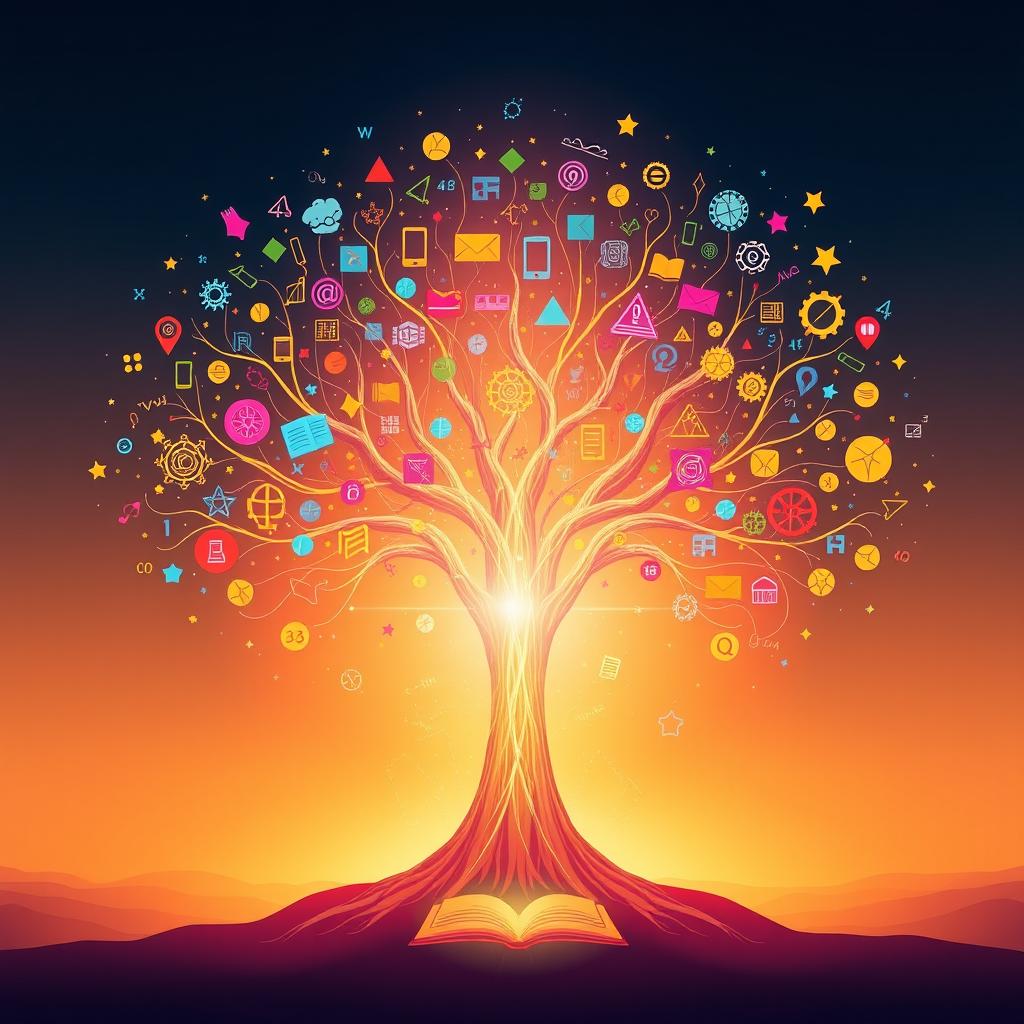 A visually captivating representation of knowledge, depicted as a luminous tree of wisdom with branches that extend across the image